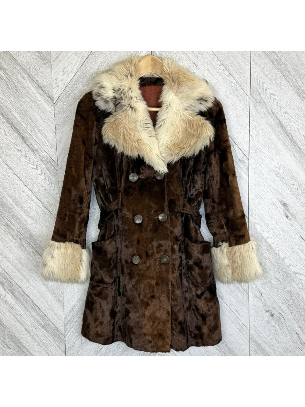 Vintage 70s Penny Lane Coat Womens Small Brown Plush Faux Fur Trim Boho Hippie